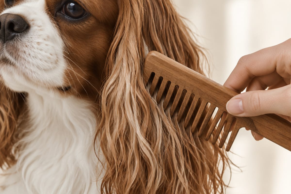 Hand combing a Cavalier King Charles Spaniel's damp ear